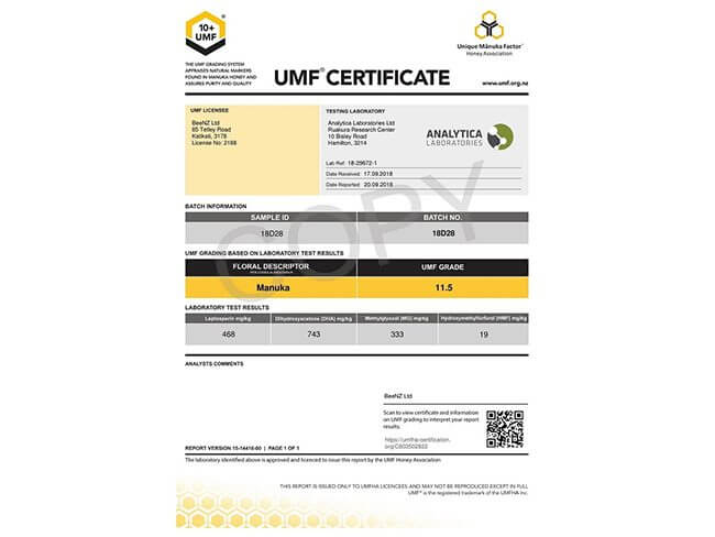 UMF10 UMF Zertifikat Manuka Honig